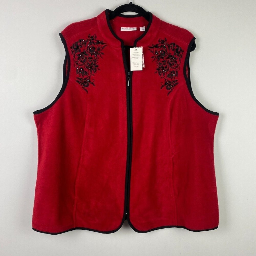 Susan Graver Fleece Vest Womens 2X Red Floral Bead Contrast Embellishments